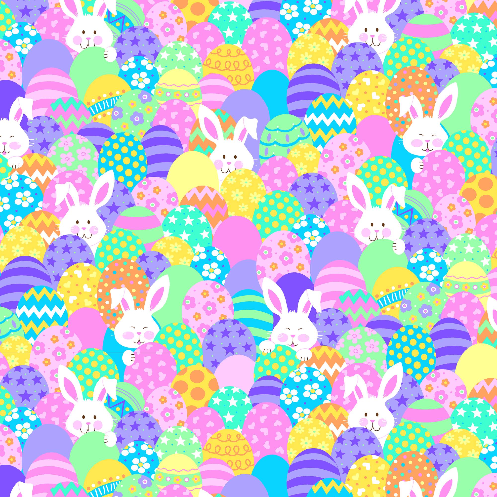 Fabric Traditions Easter Stacked Bunnies & Eggs Glitter Cotton Fabric